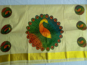 EXS033 100% Kerala Cotton Saree with Peacock Design / 6.25 Mtrs