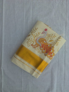 EXS037 100% Kerala Cotton Saree with Peacock Design / 6.25 Mtrs