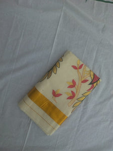 EXS039 100% Kerala Cotton Saree with Peacock Design / 6.25 Mtrs