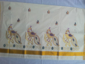 EXS040 100% Kerala Cotton Saree with Peacock Design / 6.25 Mtrs