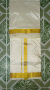 Handloom Pure Silk Cream/Sandal Color Dhoti Size 9X5 (or) 4.1Mtr Dhoti with 2.3Mtr Angavastram with 1" Inch Gold Zari Border
