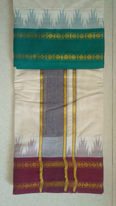 EXD260 Men's Traditional Dhoti of twin lined border and golden circles within. / Unbleach Dhoti Size Mulam 9X5 (or) 4.15 Mtr Dhoti with 2.30 Mtr Angavastram