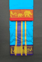 EXD522 Handloom Pure Silk Sky Blue Color Dhoti Size Mulam 9X5 (or) 4.15 Mtr Dhoti with 2.30 Mtr Angavastram with 3" Inch Elephant Border
