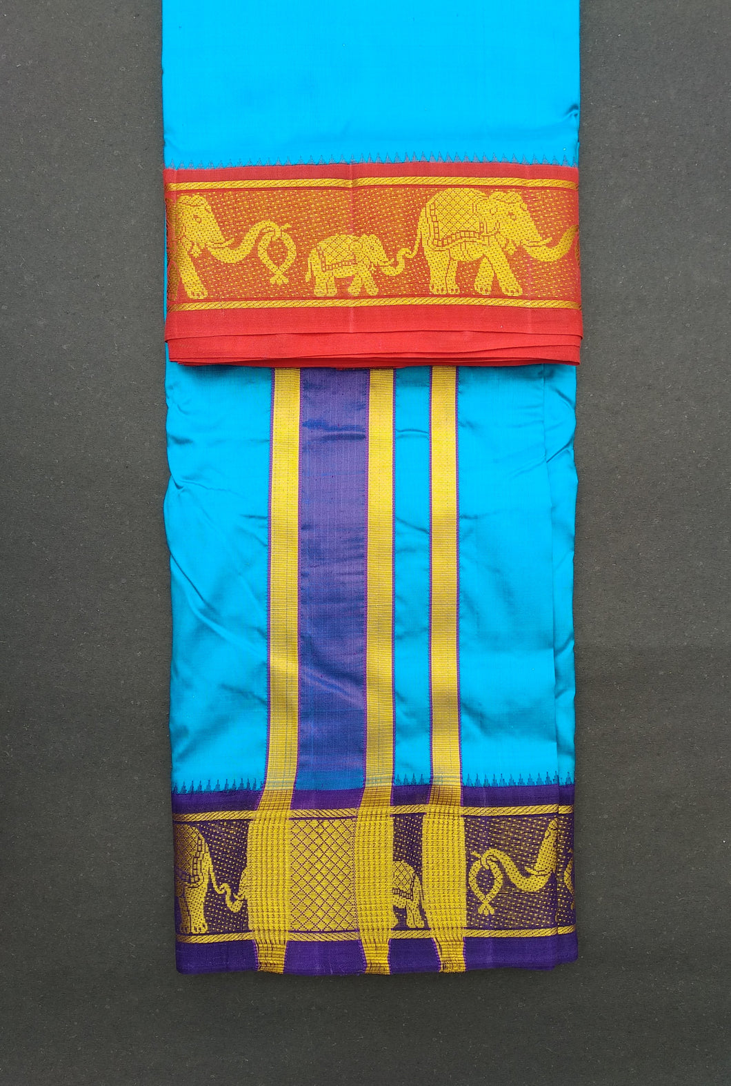 EXD522 Handloom Pure Silk Sky Blue Color Dhoti Size Mulam 9X5 (or) 4.15 Mtr Dhoti with 2.30 Mtr Angavastram with 3