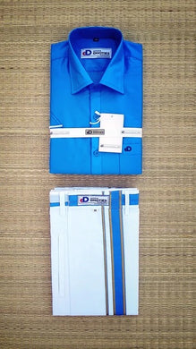 EXD181 Men's Combo Matching Art silk shirt Half sleeve and 2 Mtrs cotton Dhoti with Velcro and pocket / Light Blue