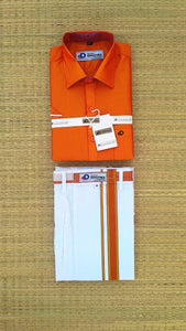 EXD181 Men's Combo Matching Art silk shirt Half Sleeve and 2 Mtrs cotton Dhoti with Velcro and pocket / Orange