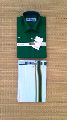 EXD181 Men's Combo Matching Art silk shirt Half Sleeve and 2 Mtrs cotton Dhoti with Velcro and pocket / Green