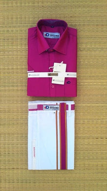 EXD181 Men's Combo Matching Art silk shirt Half Sleeve and 2 Mtrs cotton Dhoti with Velcro and pocket / Rose