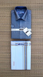 EXD181 Men's Combo Matching Art silk shirt Half Sleeve and 2 Mtrs cotton Dhoti with Velcro and pocket / Silver Gray