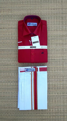 EXD181 Men's Combo Matching Art silk shirt Half Sleeve and 2 Mtrs cotton Dhoti with Velcro and pocket / Red