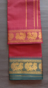 EXD606 Men's Traditional Pure cotton Maroon Color Dhoti size Mulam 9X5 (or) 4.15 Mtr Dhoti with 2.30 Mtr Angavastram With Peacook Border Colour Maroon & Dark Green