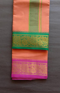 EXD605 Men's Traditional Pure cotton Kaavi Color Dhoti size Mulam 9X5 (or) 4.15 Mtr Dhoti with 2.30 Mtr Angavastram With Flower Border Colour Green & Dark Pink