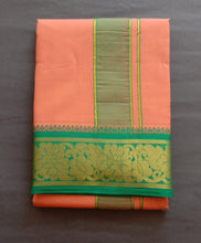 EXD605 Men's Traditional Pure cotton Kaavi Color Dhoti size Mulam 9X5 (or) 4.15 Mtr Dhoti with 2.30 Mtr Angavastram With Flower Border Colour Green & Dark Pink