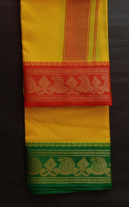 EXD604 Men's Traditional Pure cotton Yellow Color Dhoti size Mulam 9X5 (or) 4.15 Mtr Dhoti with 2.30 Mtr Angavastram With Mango and Diamond Border Colour Red & Green
