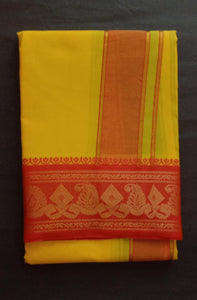 EXD604 Men's Traditional Pure cotton Yellow Color Dhoti size Mulam 9X5 (or) 4.15 Mtr Dhoti with 2.30 Mtr Angavastram With Mango and Diamond Border Colour Red & Green