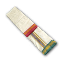EXD064 Men's Traditional Light Sandal Imitation Silk Dhoti With 5 & 7 Peacock Eyes Border and Dhoti Size Mulam 9X5 (or) 4.15 Mtr Dhoti with 2.30 Mtr Angavastram