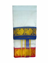 EXD691 Handloom Pure Silk Dhoti Size Mulam 9X5 (or) 4.15 Mtr Dhoti with 2.30 Mtr Angavastram with 3" Inch Peacock/Annam Border