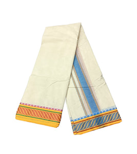 EXD685 Men's Traditional Pure Cotton Dhoti With Polyester Border Unbleached Cream Dhoti Size 9X5 (or) 4.15 Mtr Dhoti with 2.30 Mtr Angavastram